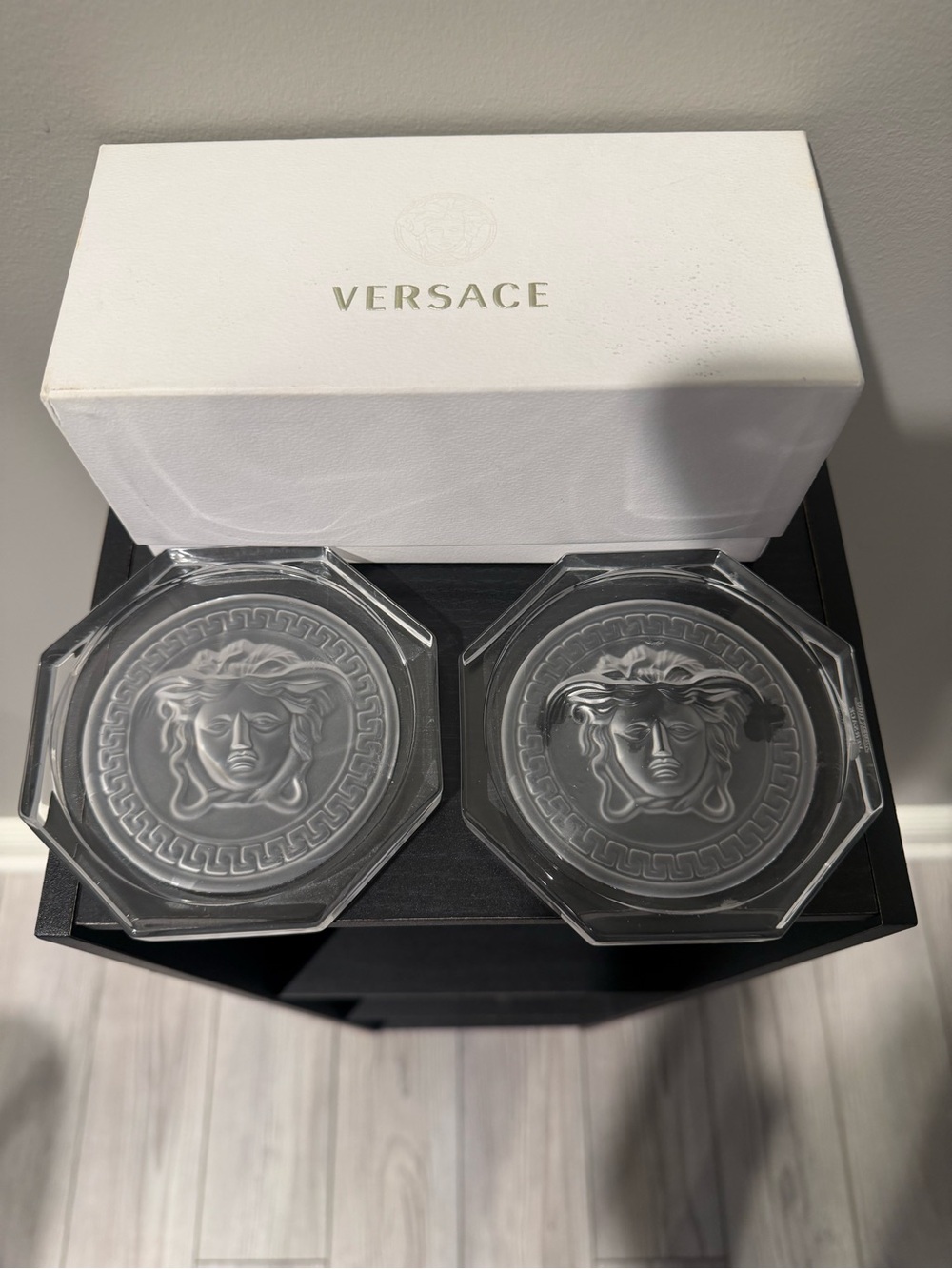 Versace Clear Glass Medusa Ashtray Pair in Transparent Crystal set of two